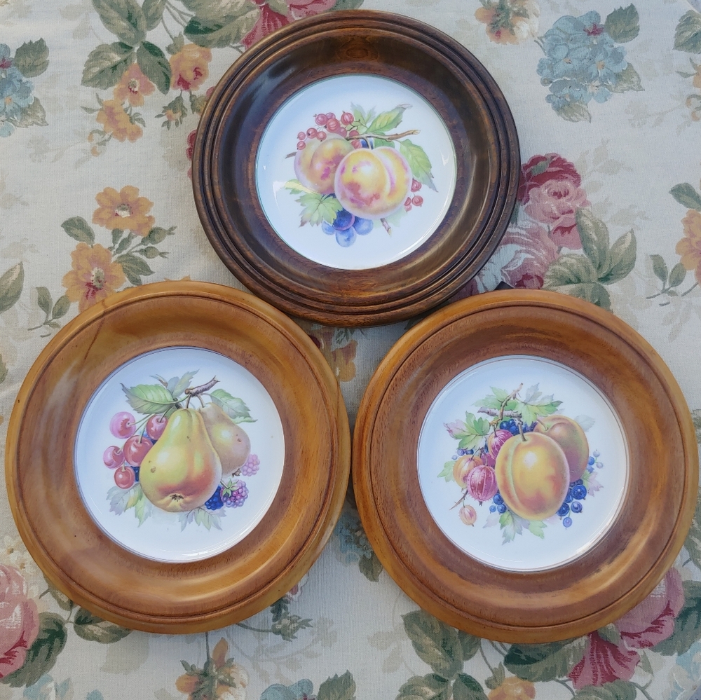 Vintage Copelands Grosvenor Spode English China Fruit Wall Plate Set Wood-Framed